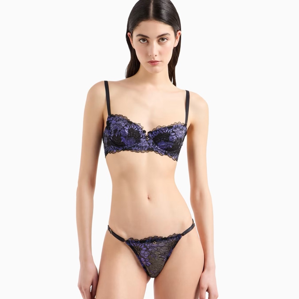 ( SALE ) NEW ARMANI BLACK/VIOLET LACE SET: BALCONETTE BRA (34C) & THONG (S)